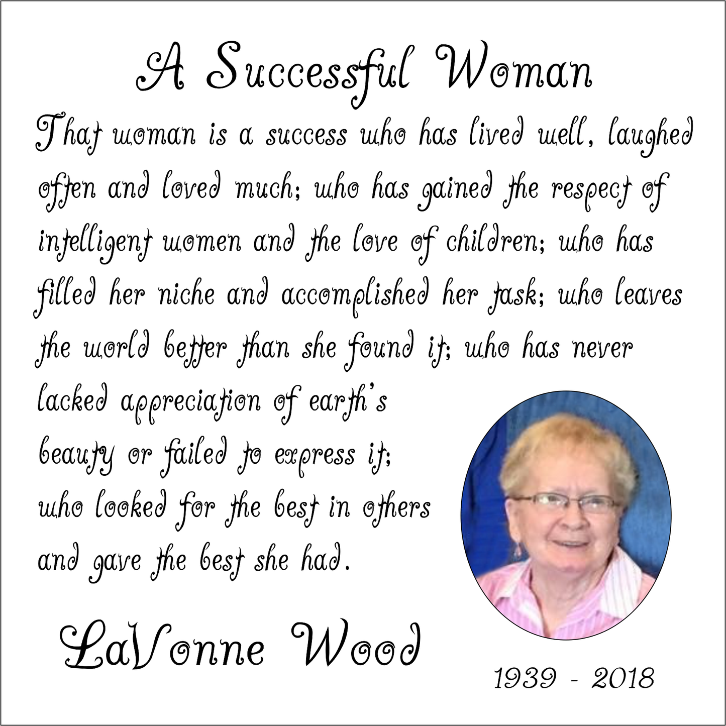 Photo Panel 6x6 - Memorial Plaque